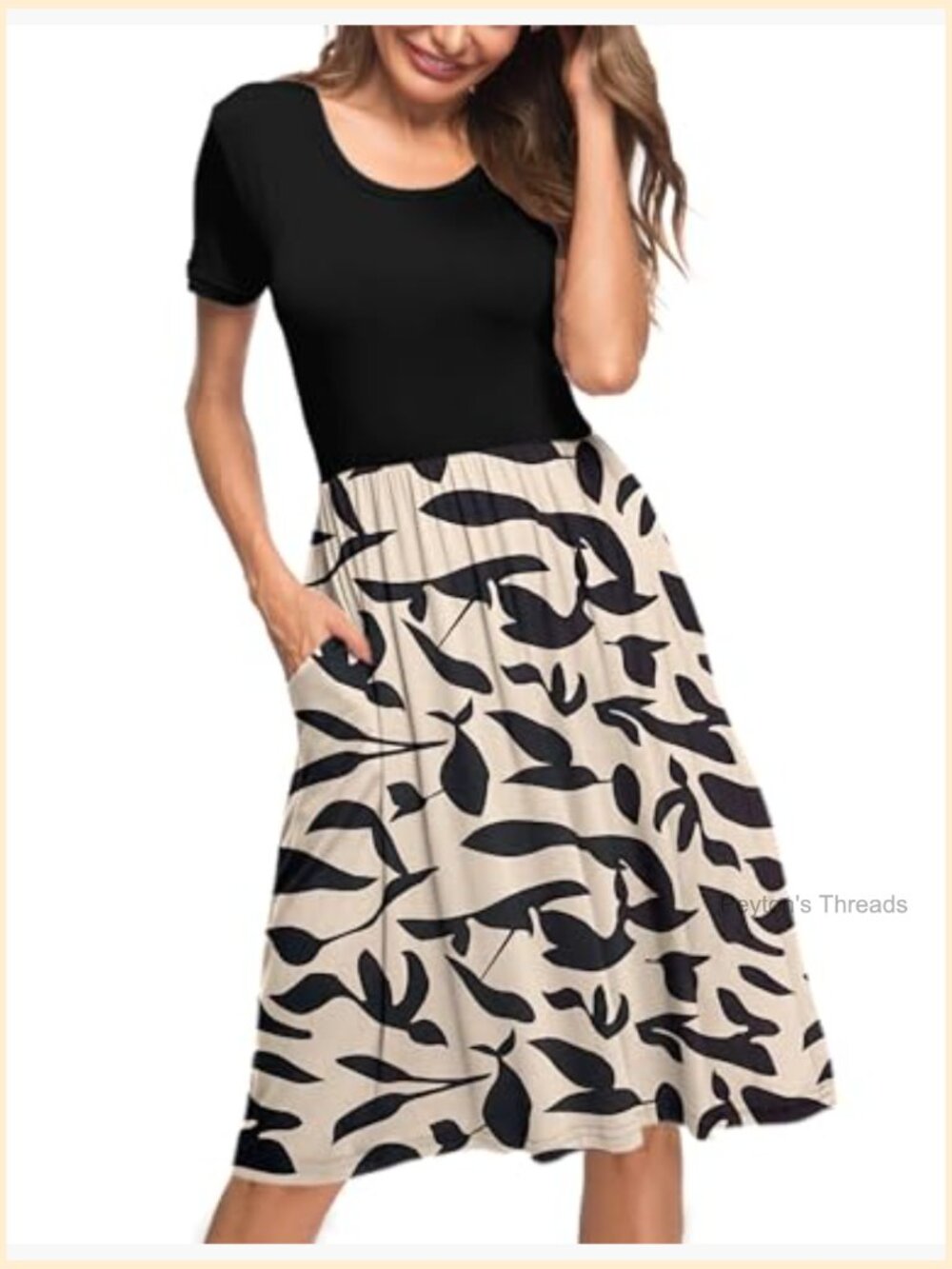 Short Sleeve Empire Waist Dress with Pockets Pleated Loose Swing Knee Length - Picture 2 of 6